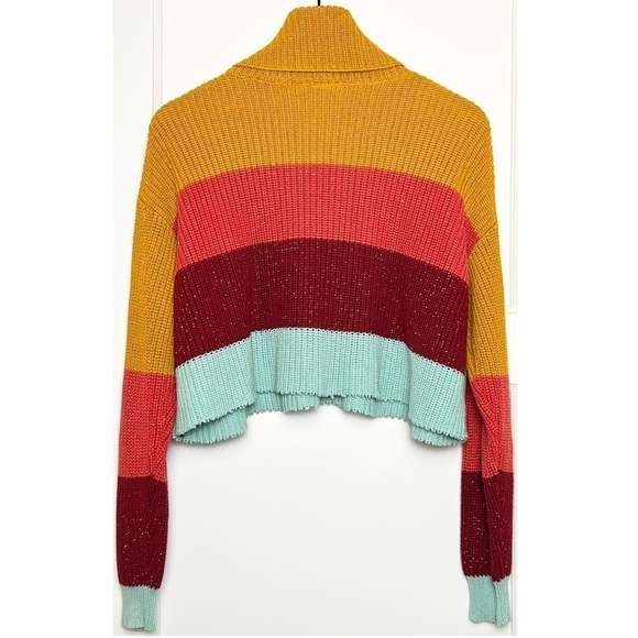 FARM RIO 90s Colorblock Stripe Chunky Knit Cropped Oversize Turtleneck Sweater S - Picture 5 of 6
